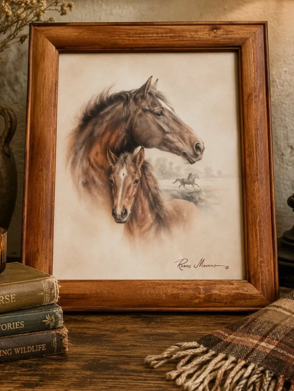 Vintage Signed Ruane Manning Horse & Colt Wooden Framed Art Print